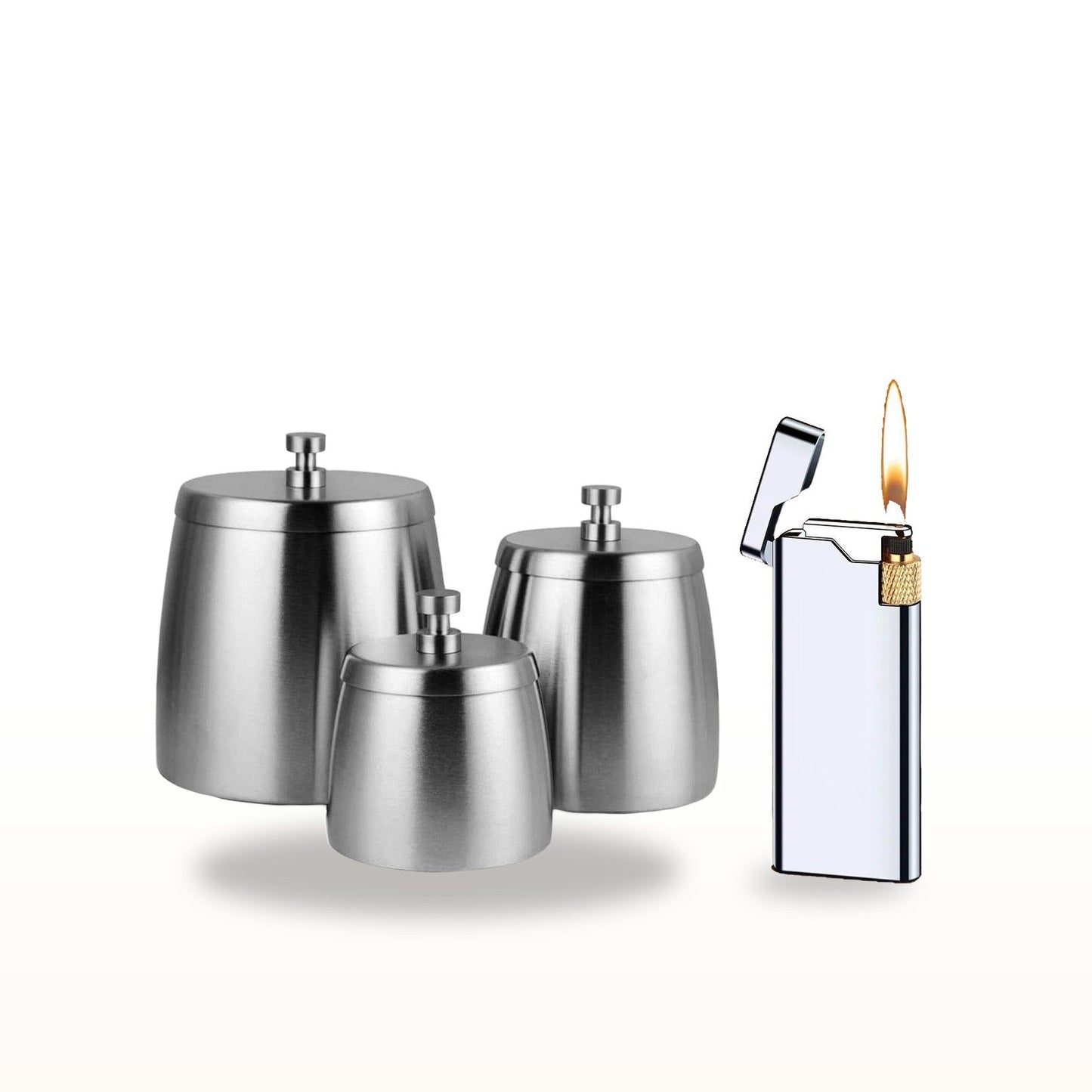 Coffret duo : cendrier fermé de table en inox et briquet gaz rechargeable chrome