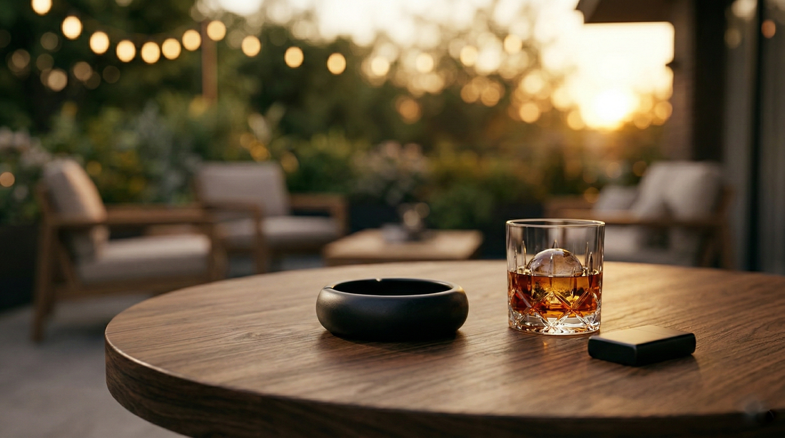 Cendrier cigare design sur table en bois avec verre de whisky et eclairage chaleureux sur terrasse