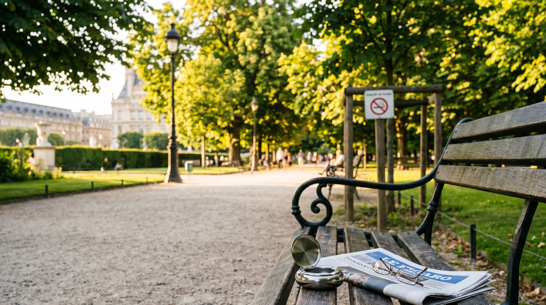 Panneau interdiction Panneau interdiction de fumer dans un parc public en France avec cendrier de poche posé sur un bancde fumer dans un parc public en France avec cendrier de poche posé sur un banc