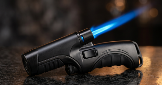 Briquet chalumeau noir avec flamme torche bleue concentree, modele rechargeable en metal pour cigares et usage exterieur