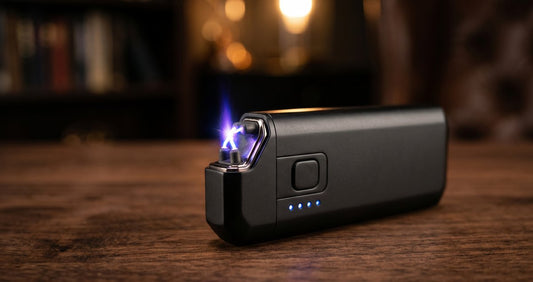 Briquet electrique rechargeable a arc plasma sur fond elegant en bois