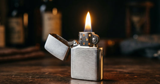 Briquet à essence rechargeable en métal brossé avec flamme allumée posé sur surface en bois