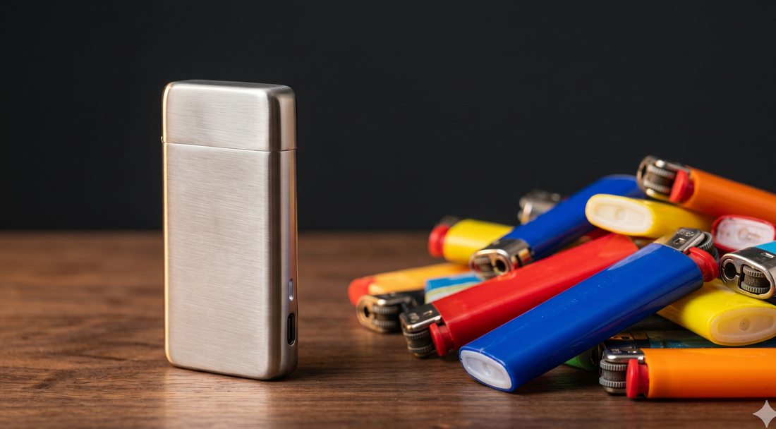 Briquet rechargeable en métal brossé posé sur une surface en bois à côté de briquets jetables en plastique colorés