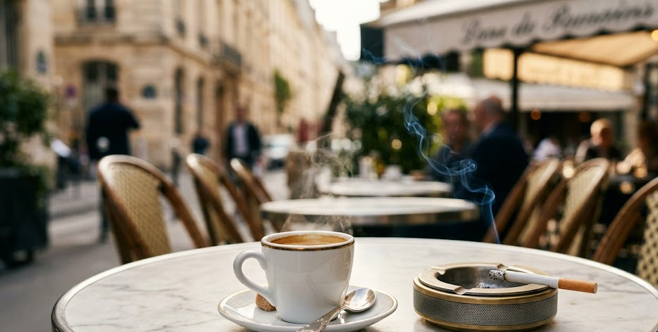 Tasse de café fumante et cendrier design sur une terrasse de bistrot français