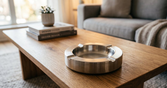 Cendrier de table design en métal posé sur une table basse dans un salon moderne