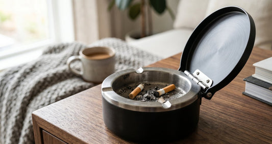 Cendrier fermé en métal noir avec couvercle ouvert montrant cigarettes et cendres sur table en bois