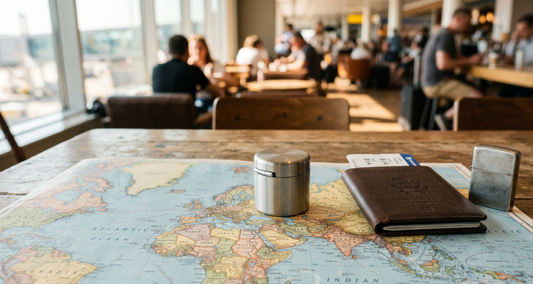 Cendrier de poche portable posé sur une carte du monde avec un passeport et un briquet dans une ambiance voyage