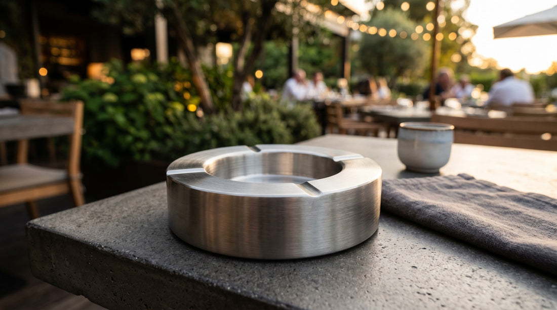 Cendrier inox design en acier inoxydable brosse sur table de terrasse moderne