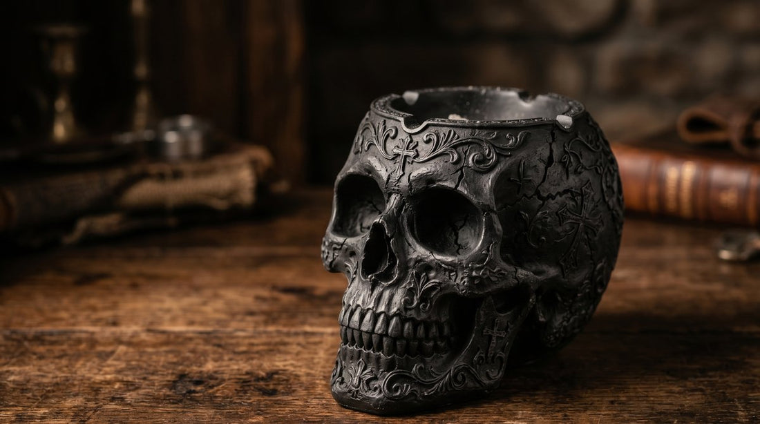 Cendrier tete de mort en resine sculpte avec details gothiques sur fond sombre