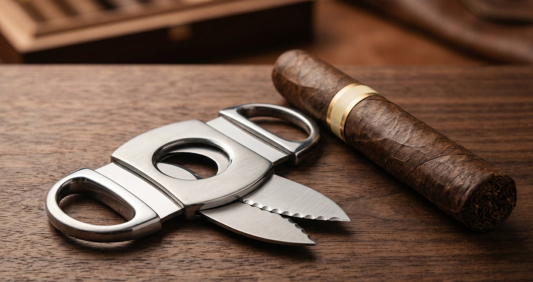 Coupe cigare guillotine en acier inoxydable a cote d'un cigare premium sur fond bois sombre