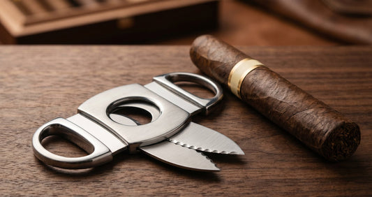 Coupe cigare guillotine en acier inoxydable a cote d'un cigare premium sur fond bois sombre