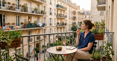 Personne fumant une cigarette sur un balcon d'appartement avec vue sur cour intérieure de copropriété