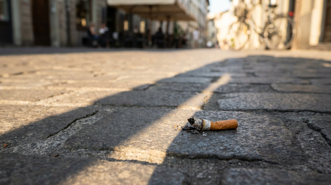 Megot de cigarette ecrase au sol sur un trottoir pave d'une ville europeenne