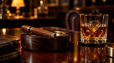 Cigare premium posé sur un cendrier en bois sombre à côté d un verre de whisky ambré dans une ambiance de dégustation