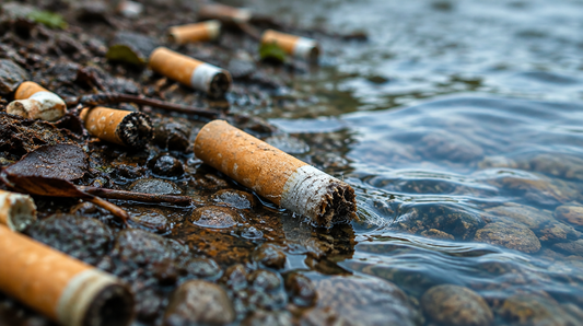 Mégots de cigarettes au bord de l'eau libérant des microplastiques dans un cours d'eau naturel
