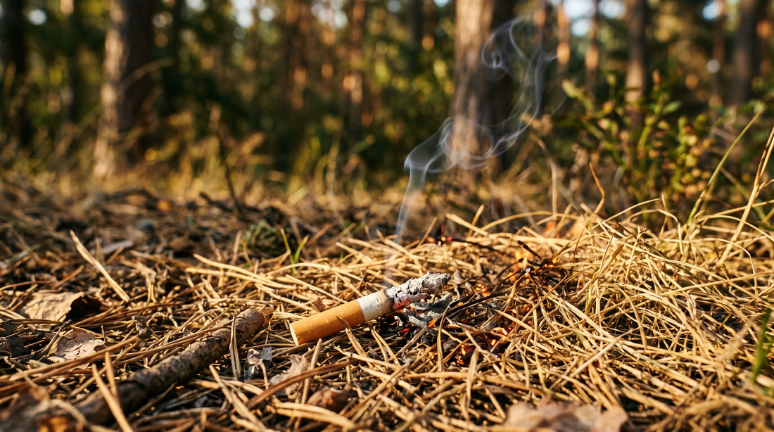 Mégot de cigarette incandescent sur sol sec avec herbes et aiguilles de pin illustrant le risque d'incendie