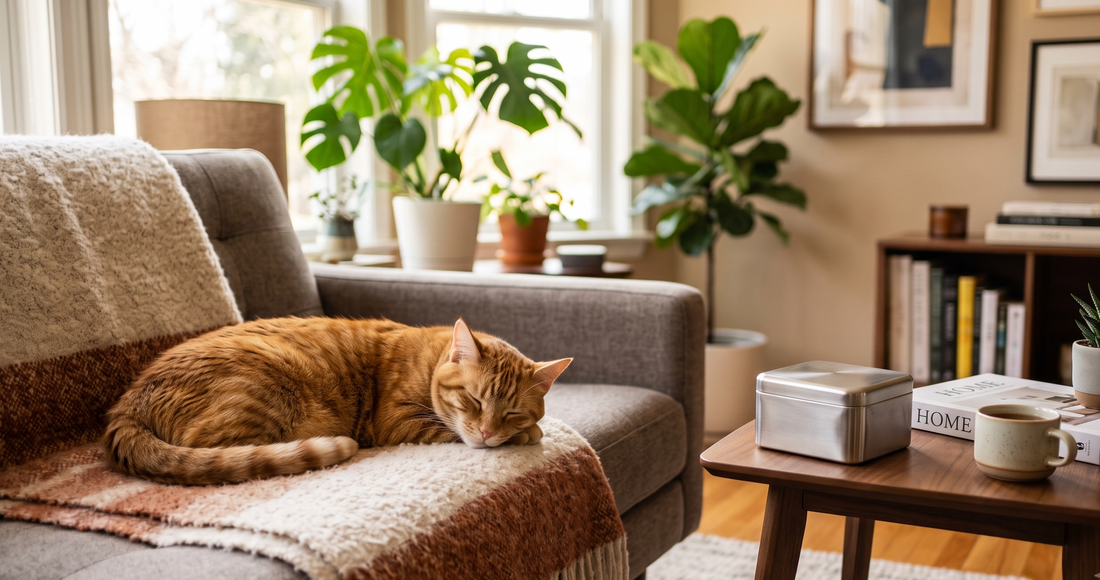 Chat roux dormant sur un canapé dans un salon chaleureux, illustrant les dangers du tabac pour les animaux de compagnie