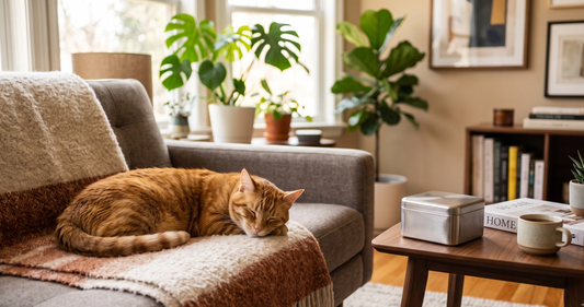 Chat roux dormant sur un canapé dans un salon chaleureux, illustrant les dangers du tabac pour les animaux de compagnie
