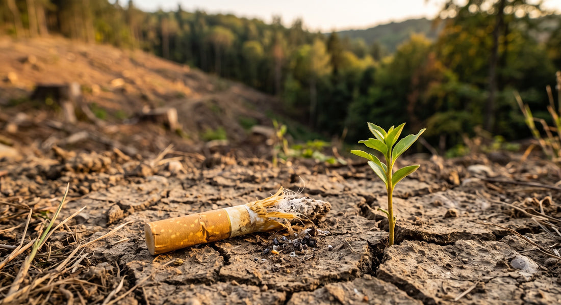 Impact environnemental du tabac montrant un mégot de cigarette sur terre craquelée avec une pousse verte symbolisant la résilience de la nature