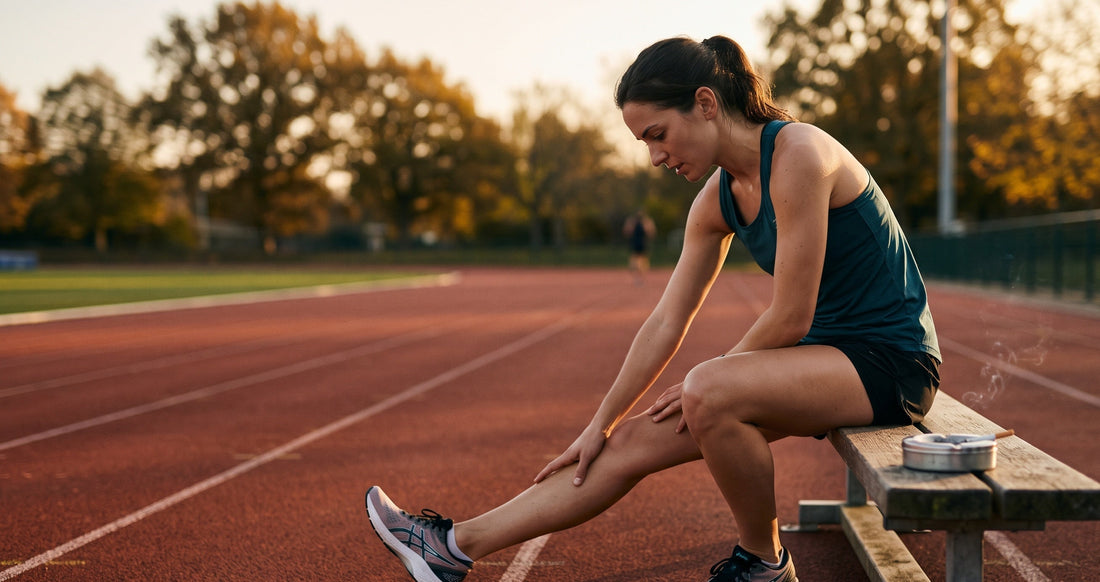 Sportive s'étirant sur un banc de piste d'athlétisme avec un cendrier en métal et une cigarette, illustrant l'impact du tabac sur les performances sportives