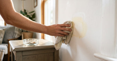 Nettoyage des taches jaunes de nicotine sur un mur blanc avec un chiffon, cendrier en verre visible sur la table