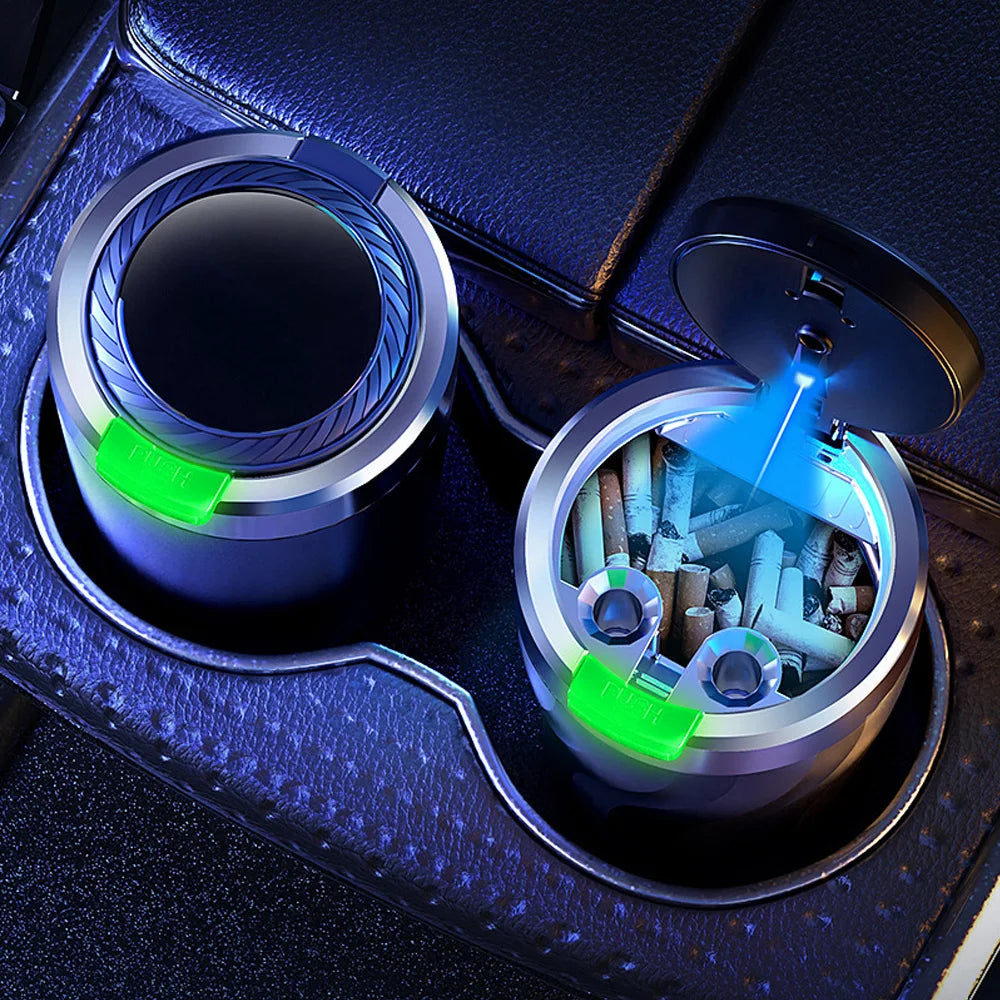 1 ensemble de cendrier de voiture, utilisation intérieure, ouverture du couvercle à un clic, grande capacité, équipé d'une lumières LED et une doublure métallique.