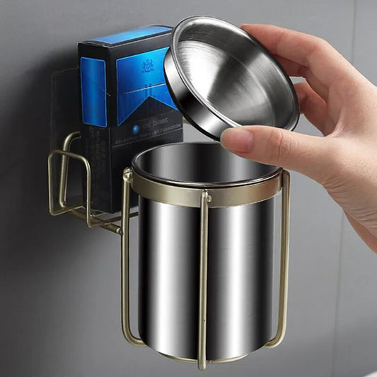 Inox brossé - cendrier mural avec rangement ouvert montrant compartiment