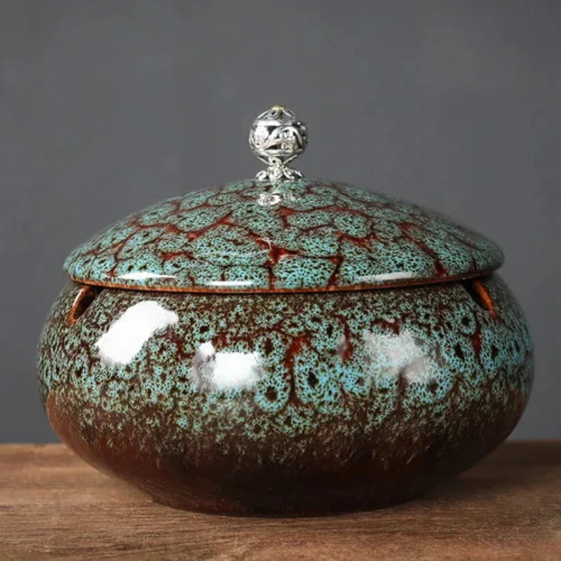Cendrier de salon marocain bleu et marron avec couvercle