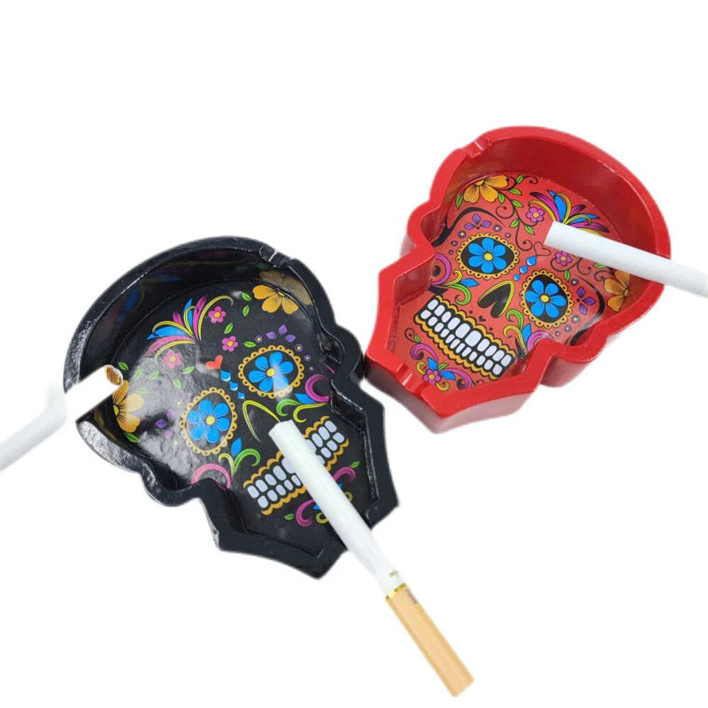 Résine noire et rouge - cendrier tête de mort mexicaine avec cigarette