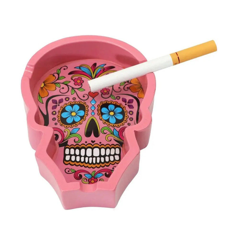 Résine rose - cendrier tête de mort mexicaine avec cigarette