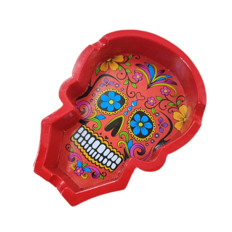 Résine rouge - cendrier tête de mort mexicaine vue de biais