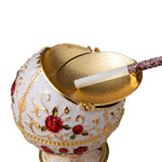 Cendrier Boule sur Pied Blanc & Doré Fleurs Ouvert