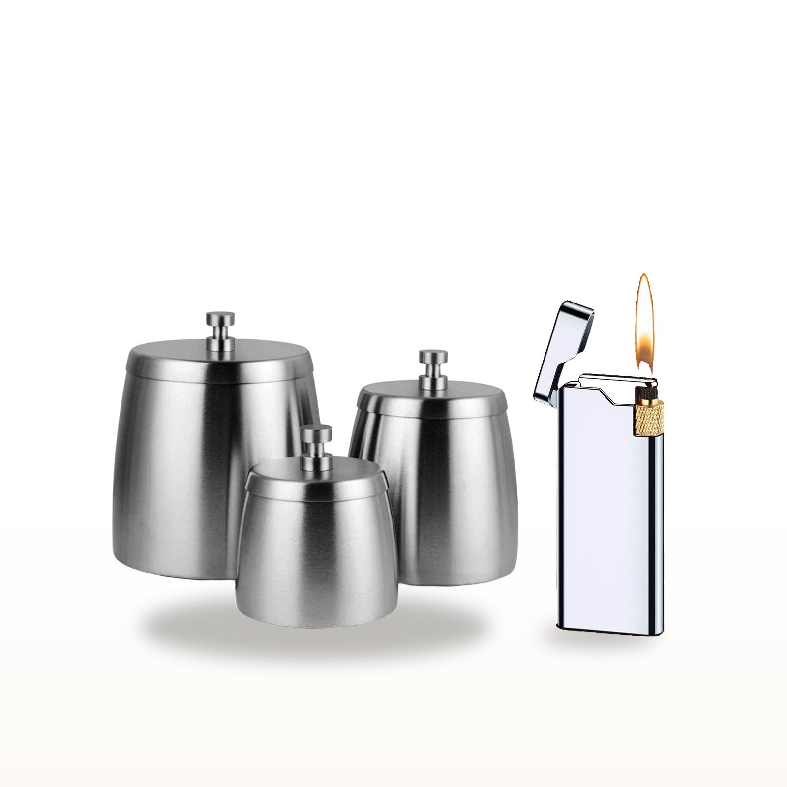 Coffret duo : cendrier fermé de table en inox et briquet gaz rechargeable chrome