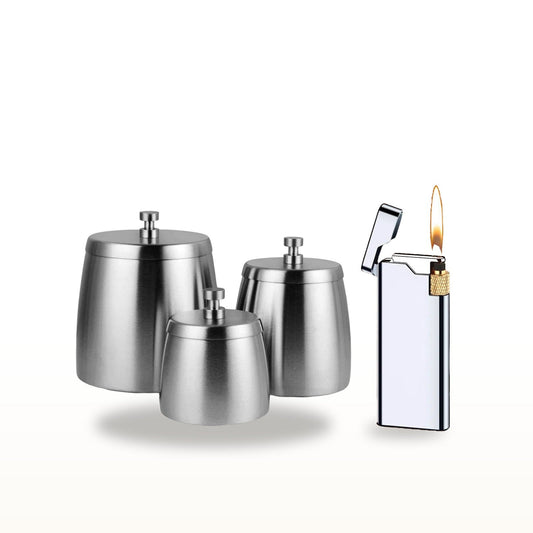Coffret duo : cendrier fermé de table en inox et briquet gaz rechargeable chrome