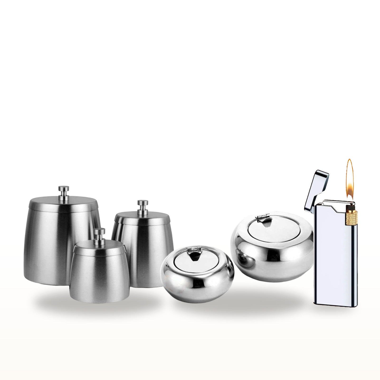 Coffret collection : deux cendriers inox et briquet gaz rechargeable